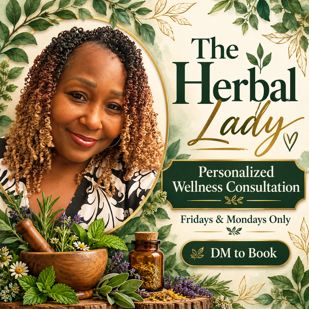 Julanda Davies, The Herbal Lady, smiling with curly hair and a black-and-white patterned blouse.