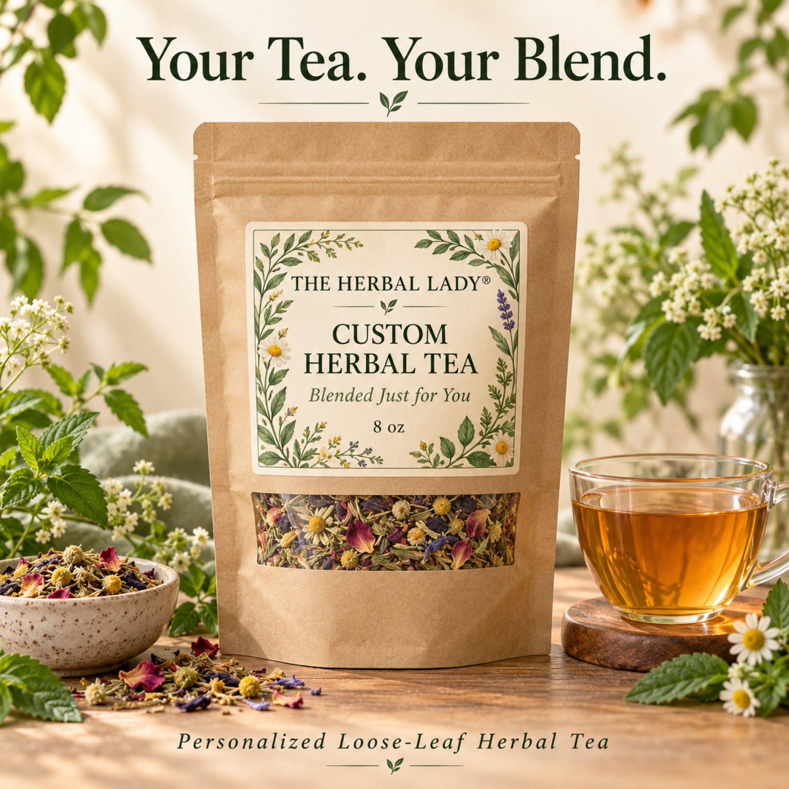The Herbal Lady Custom Herbal Tea graphic showing a kraft tea pouch beside a cup of tea, with the words Your Tea. Your Blend.