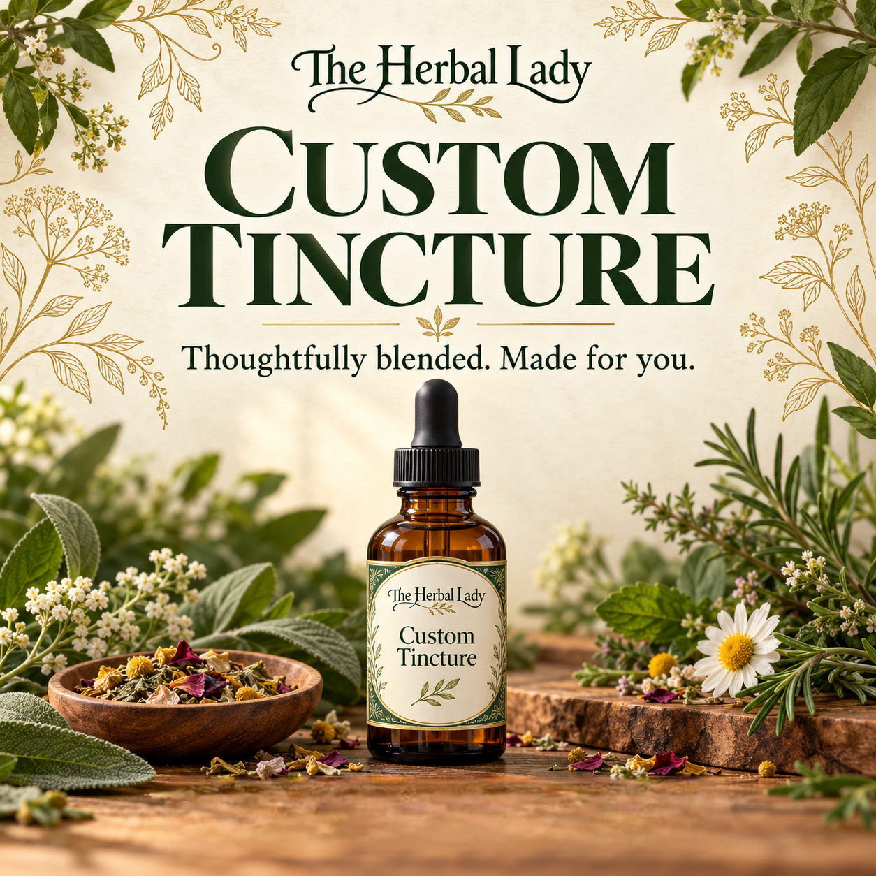 The Herbal Lady Custom Tincture graphic featuring an amber dropper bottle surrounded by herbs and botanical details.