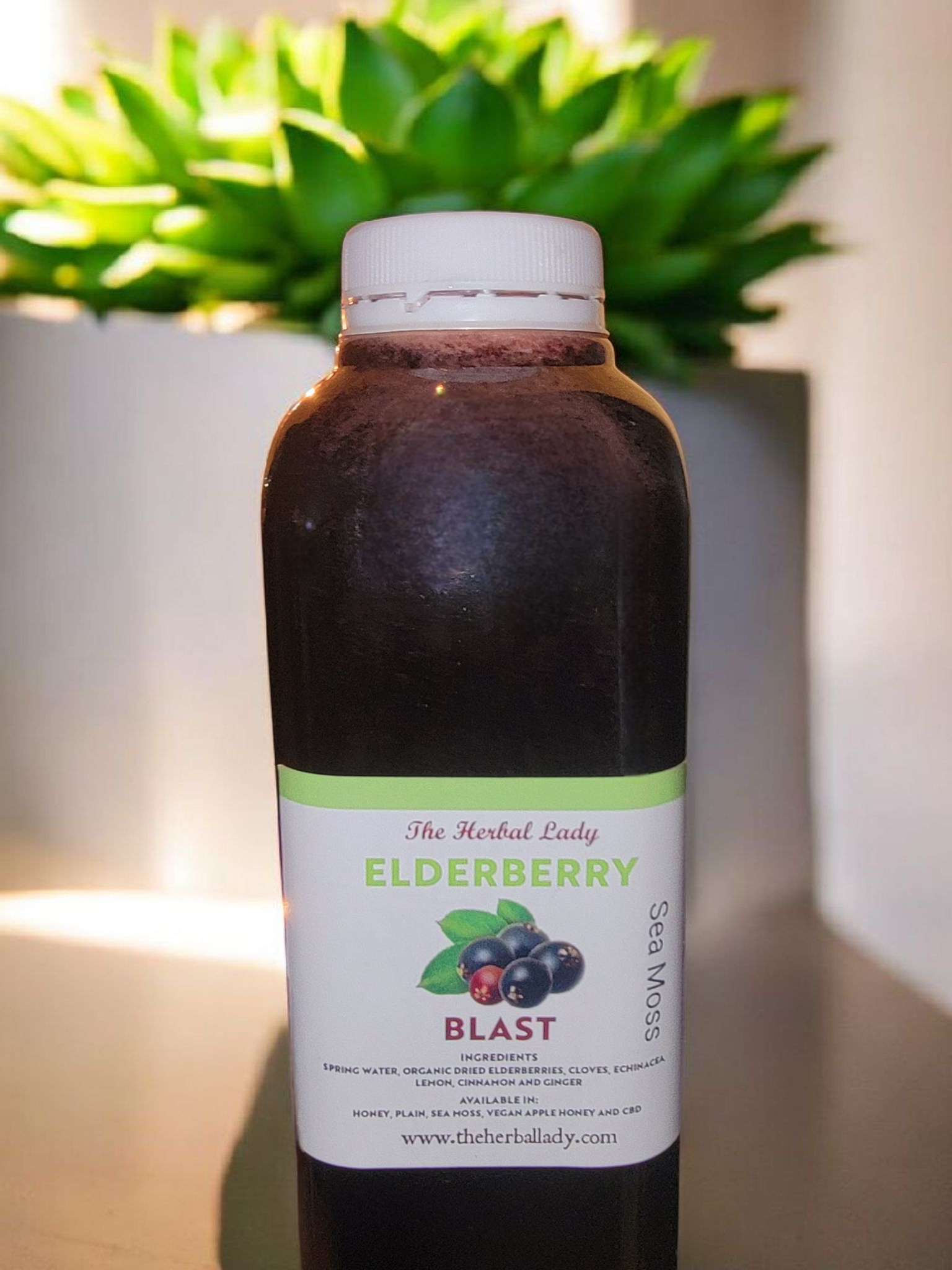 The Herbal Lady Elderberry Blast bottle with Sea Moss marked on its label, photographed against green plants.